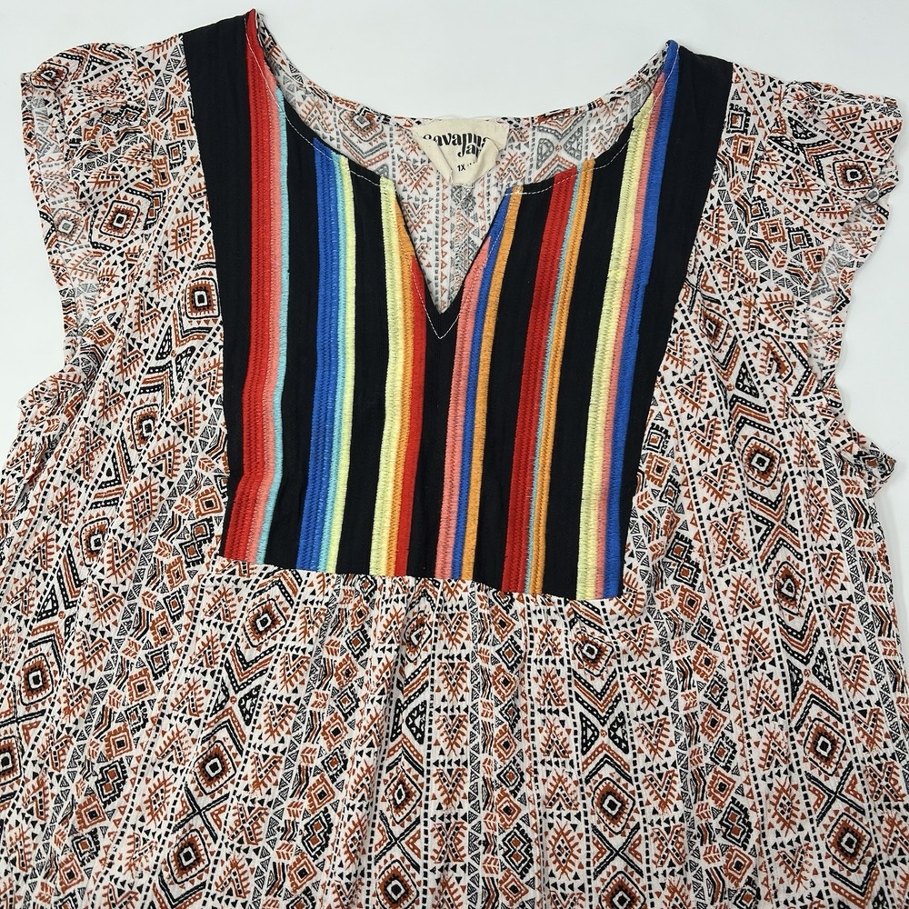 Savanna Jane Embroidered Panel Top 1X Geometric Aztec Boho Tribal Southwest